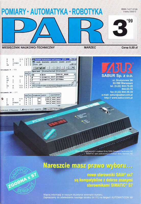 Okładka czasopisma Pomiary Automatyka Robotyka nr PAR 3/1999
