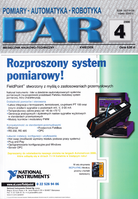 Okładka czasopisma Pomiary Automatyka Robotyka nr PAR 04/2000