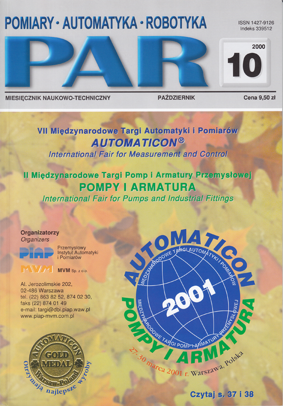 Okładka czasopisma Pomiary Automatyka Robotyka nr PAR 10/2000