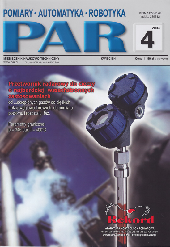 Okładka czasopisma Pomiary Automatyka Robotyka nr PAR 04/2003