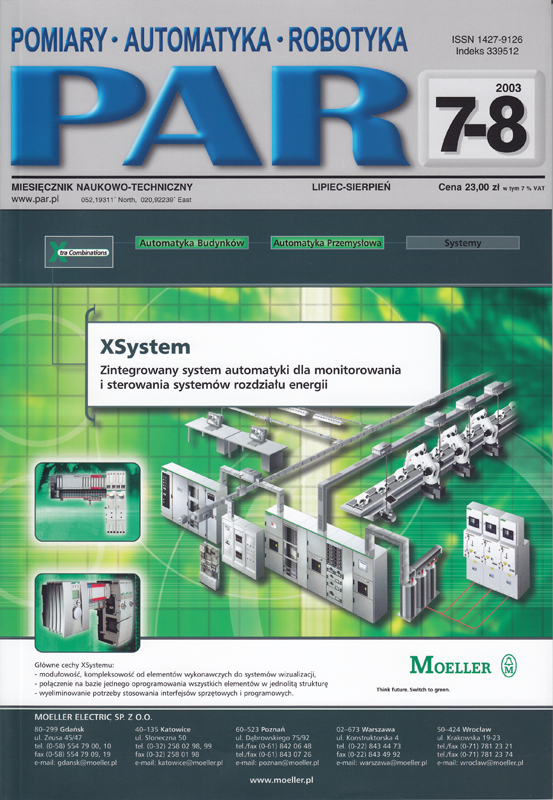 Okładka czasopisma Pomiary Automatyka Robotyka nr PAR 7-8/2003