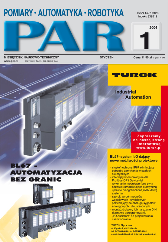 Okładka czasopisma Pomiary Automatyka Robotyka nr PAR 01/2004