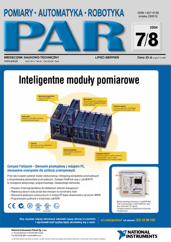 Okładka czasopisma Pomiary Automatyka Robotyka nr PAR 7-8/2004