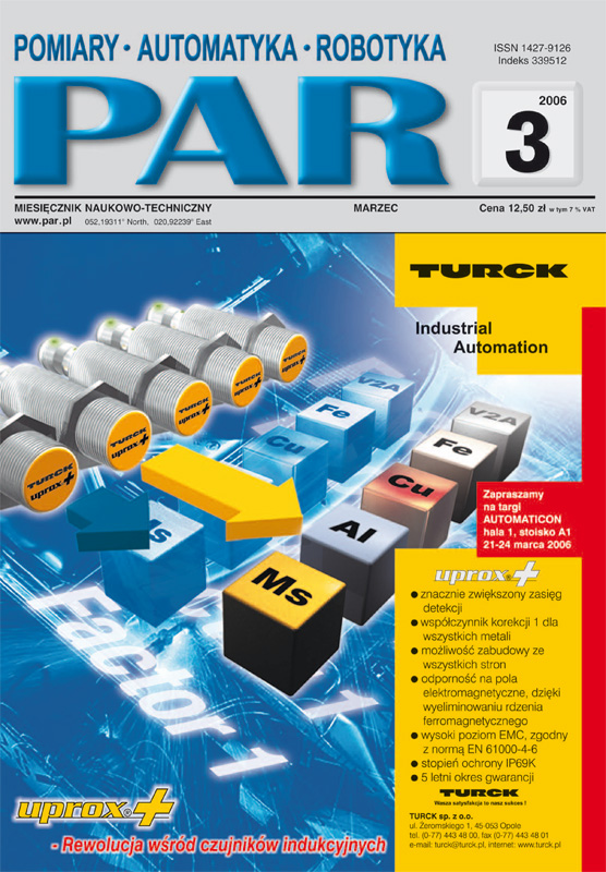 Okładka czasopisma Pomiary Automatyka Robotyka nr PAR 03/2006