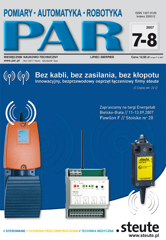 Okładka czasopisma Pomiary Automatyka Robotyka nr PAR 7-8/2007