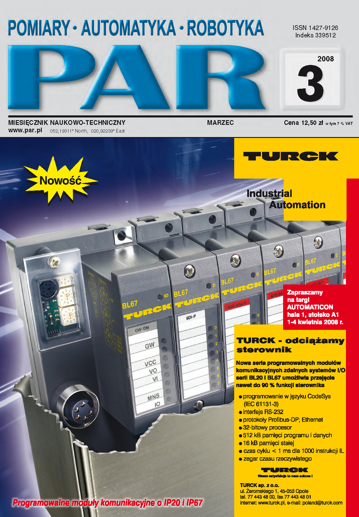 Okładka czasopisma Pomiary Automatyka Robotyka nr PAR 03/2008
