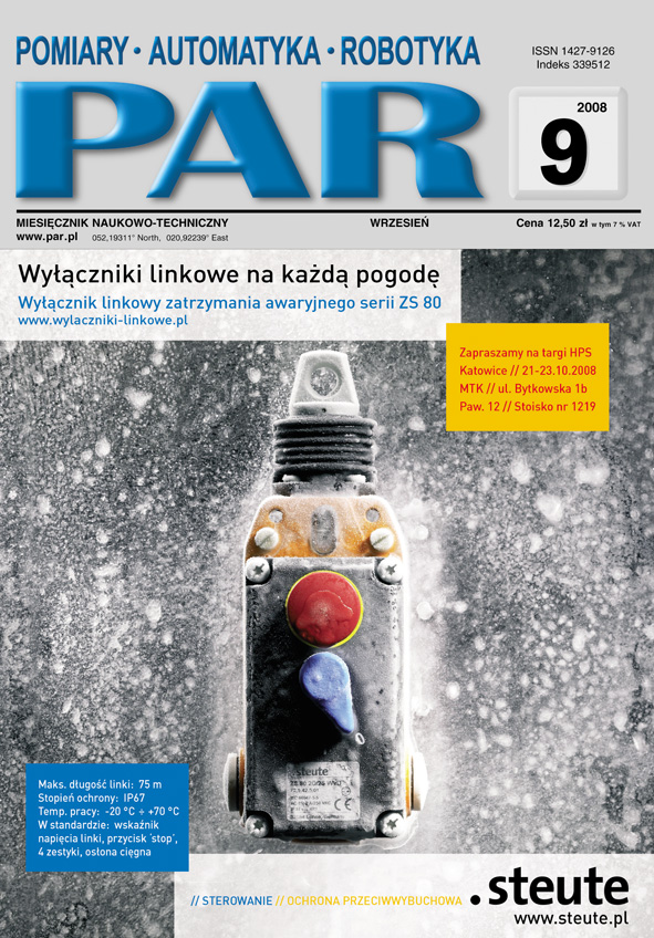 Okładka czasopisma Pomiary Automatyka Robotyka nr PAR 09/2008