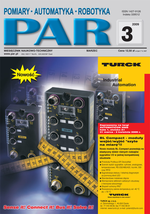 Okładka czasopisma Pomiary Automatyka Robotyka nr PAR 03/2009